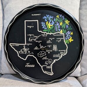 Vintage Texas State Map Round Metal Souvenir Serving Tray Platter